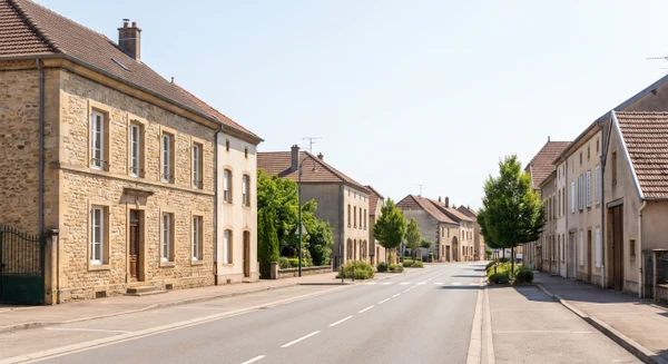 Photographie réaliste d'une rue ou place caractéristique de Marange-Silvange, montrant l'environnement urbain ou semi-urbain local avec bâtiments typiques et signalisation de localité, prise de jour en conditions naturelles. L'image doit transmettre un sentiment d'accessibilité et de proximité sans montrer de véhicule en défaut ou de scène inappropriée pour un centre de contrôle technique automobile.