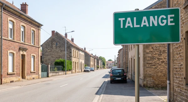 Photographie réaliste de la localité de Talange prise de jour, montrant un paysage urbain ou semi-urbain caractéristique avec bâtiments typiques, rue principale ou place centrale, et signalisation de localité visible indiquant Talange, en conditions naturelles. L'image doit transmettre une impression d'accessibilité et de proximité locale, distincte visuellement des images de Metz, Marange-Silvange et Norroy-le-Veneur déjà utilisées dans la section, sans véhicule en circulation ou en défaut.