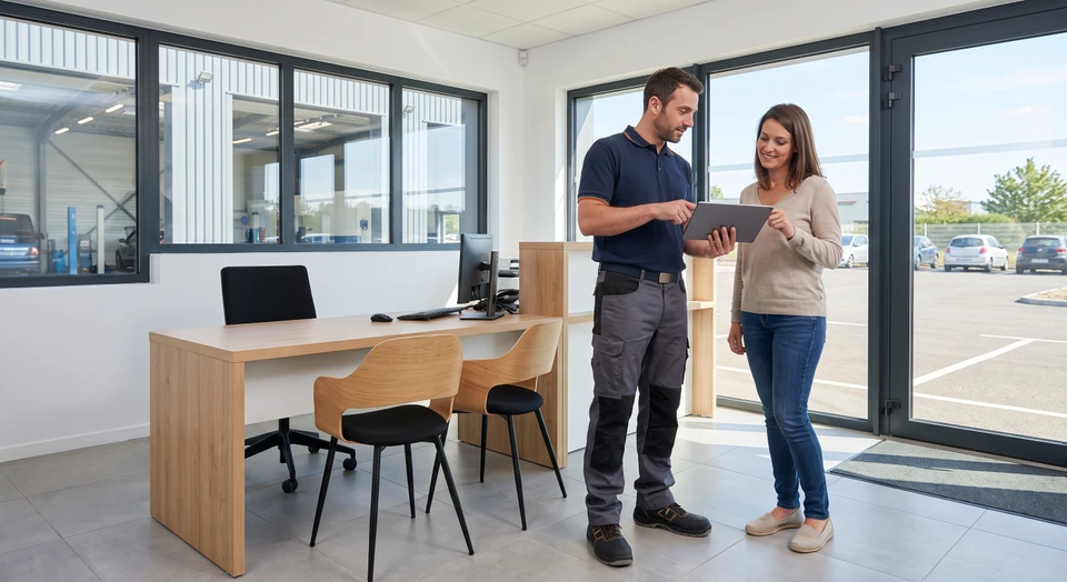 Un contrôleur technique automobile en tenue professionnelle, debout face à un client dans le bureau d'accueil du centre de contrôle, expliquant les résultats du contrôle technique sur un document ou un écran. Le contrôleur adopte une posture attentive et bienveillante, orienté vers le client. L'atmosphère est professionnelle, lumineuse et accueillante, avec un environnement de bureau moderne reflétant la transparence et l'écoute active du contrôleur envers son client.