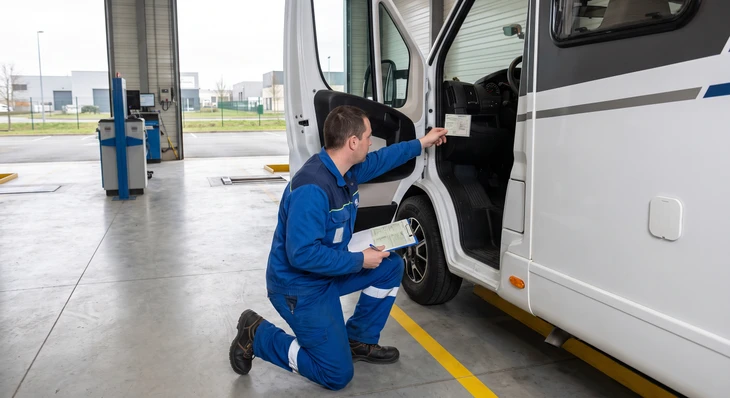 Atelier de maintenance automobile avec technicien en combinaison grise "Service" effectuant diagnostic sur camion orange à cabine basculée