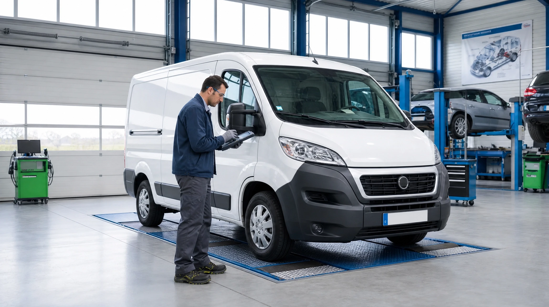 Ouvrier en tenue de travail grise utilisant une tablette tactile dans un environnement industriel avec camions en arrière-plan