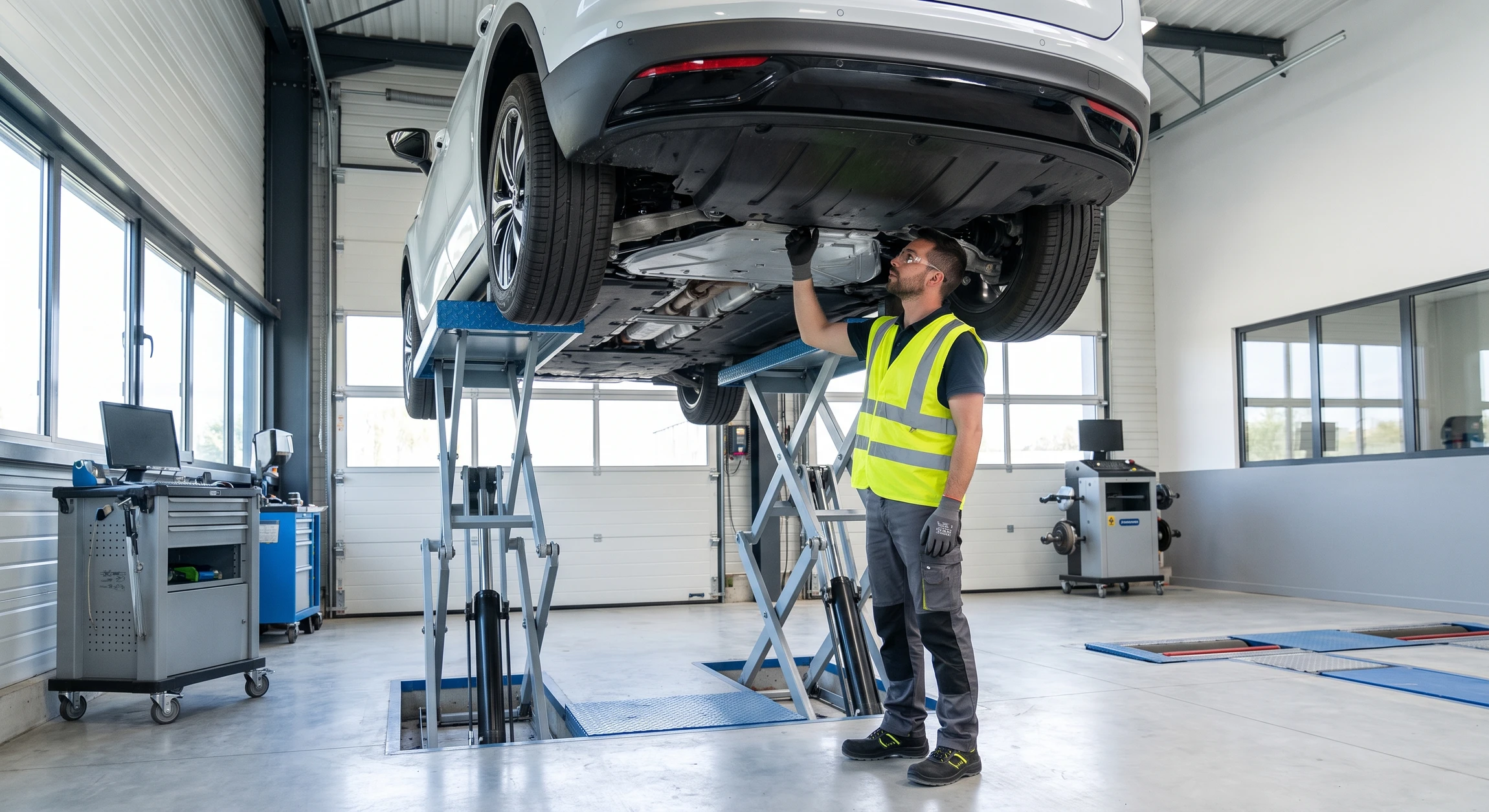 Entretien automatique et entretien du véhicule par un technicien professionnel en arrière-plan