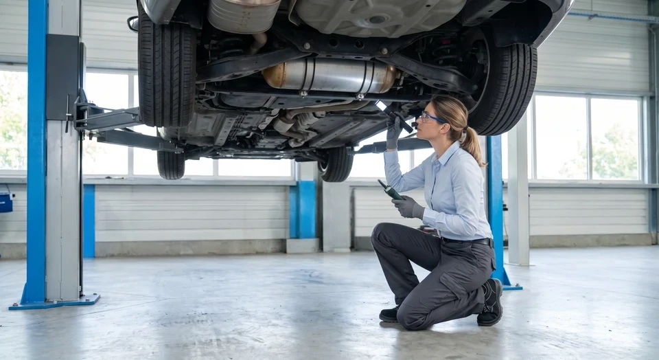Technicien qualifié en blouse de travail effectuant l'inspection technique d'un réservoir GPL ou des équipements spécifiques GPL sous un véhicule soulevé sur pont, dans un atelier de contrôle technique professionnel bien équipé, montrant la certification et l'expertise requises pour cette prestation rare et spécialisée.