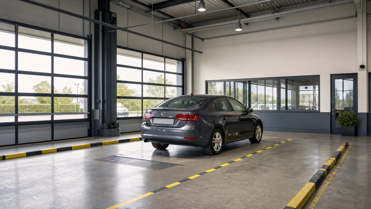 Mécanicien automobile en combinaison bleue effectuant un contrôle technique sur véhicule surélevé dans garage professionnel